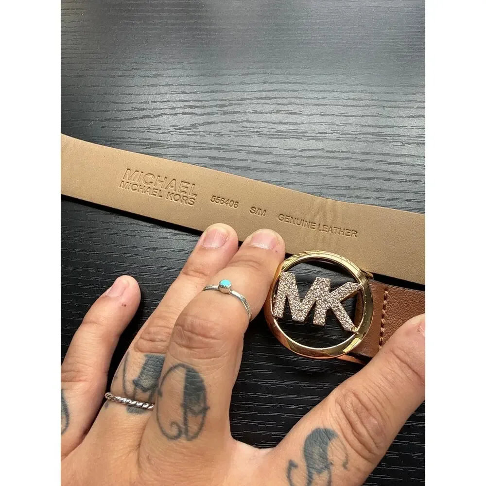 Authentic Michael Kors Brown Leather Belt Gold Crystal MK Buckle S/M READ BELOW